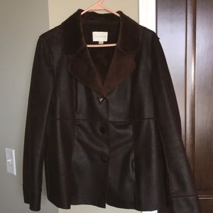 Brown faux leather & fur coat Size M 100%polyester Like New Condition